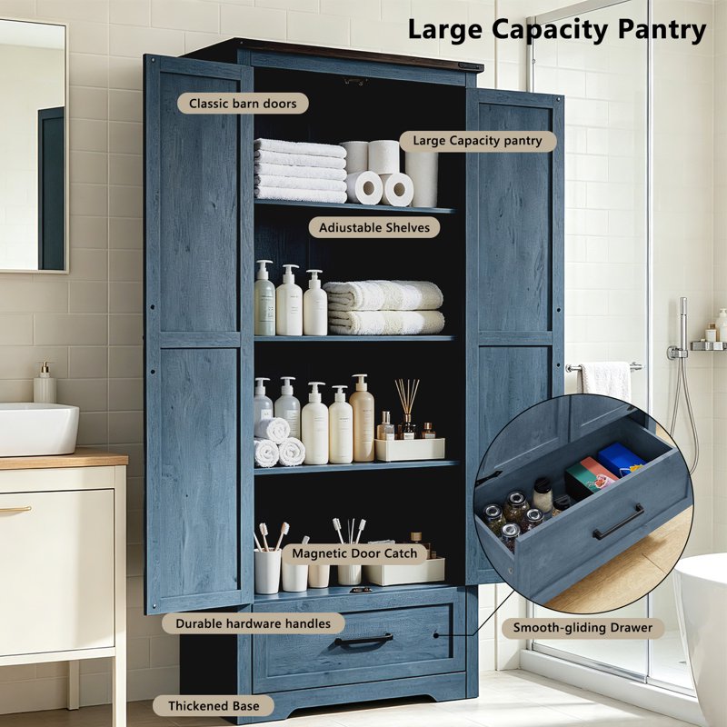 72" Farmhouse Kitchen Pantry Cabinet with Barn Doors - Blue