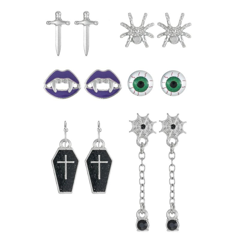 Haunted Icons Halloween Silver Earring Set - 6 Pairs Haunted Variation