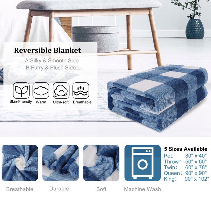 Plaid Plush Fleece Blanket for Sofa 60x78 Denim Blue & White