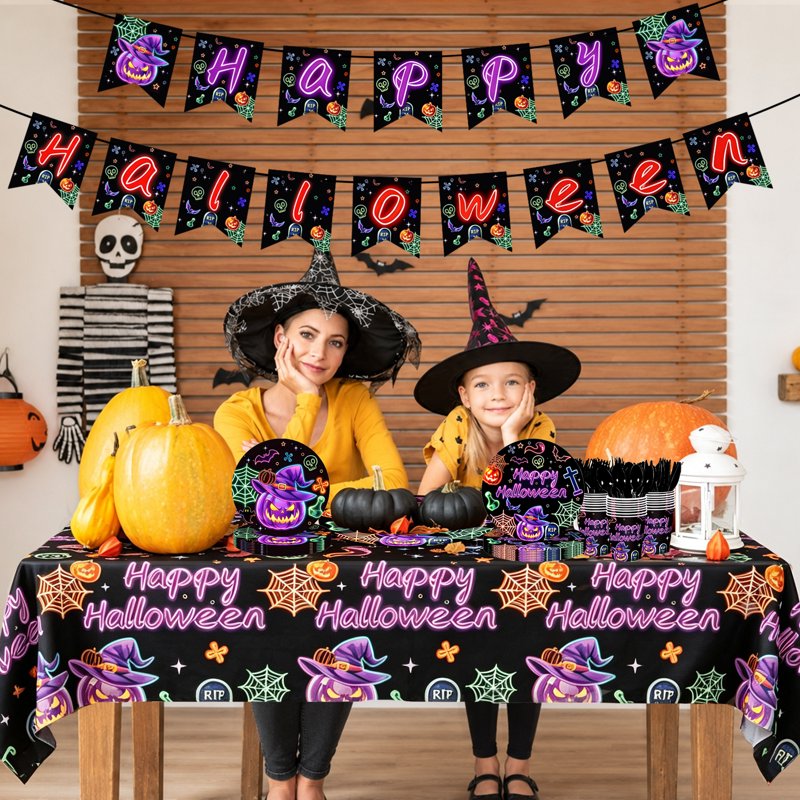 Halloween Evil Pumpkin Neon Tableware Set for 24 Guests - Disposable Party Supplies
