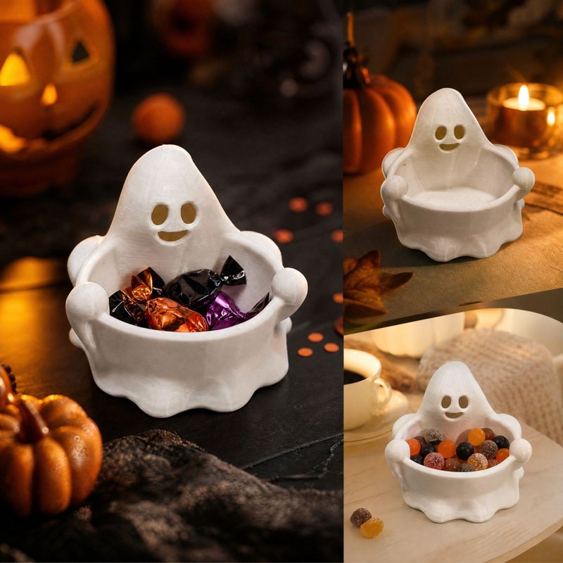 Ghost Candy Bowl - Cute Smiling Ghost Resin Halloween Snack Dish with Hands - Variation #012