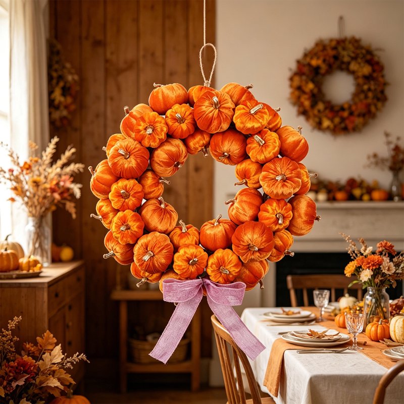 Artificial Fall Pumpkin Wreath with Bow - Orange Harvest Front Door Decor