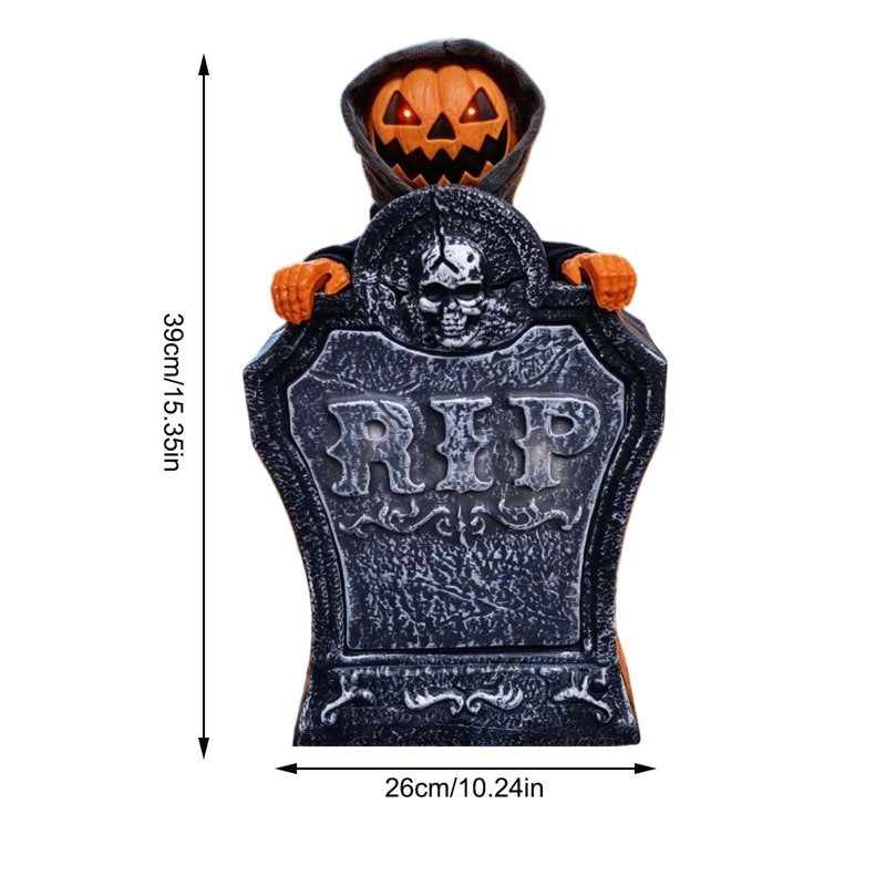 Halloween Animated Tombstone Decor with Rising Skeleton and Pumpkin - Voice Activated Outdoor Yard Prop