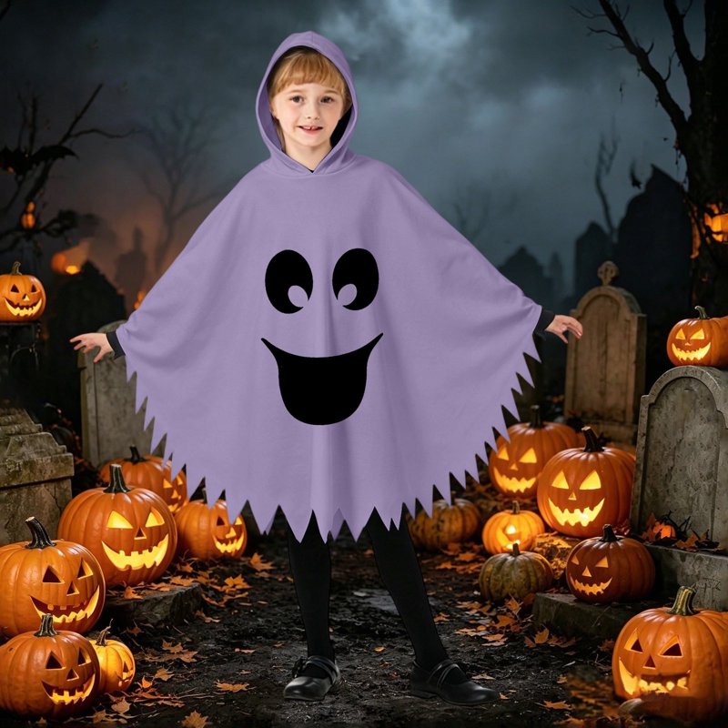 Kids Halloween Ghostface Costume Cape with Hood - Unisex Dress Up Clothes for 7-9 Years, Purple
