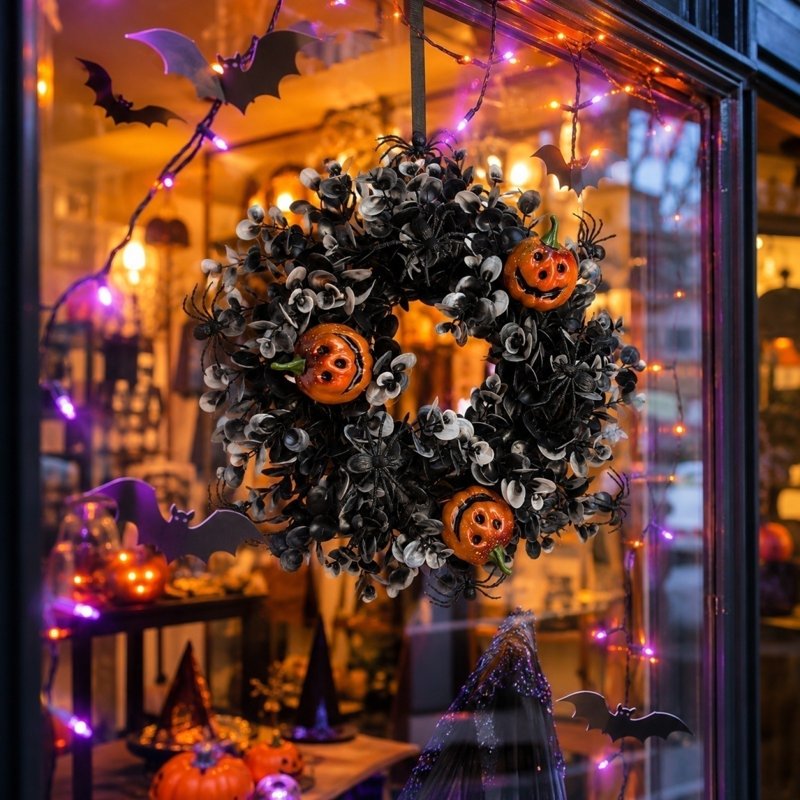 Halloween & Thanksgiving Wreath with Maple Leaves, Pumpkins & Berries - N-9