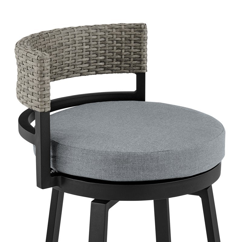Outdoor Patio Swivel Bar Stool - Aluminum & Wicker, Grey Cushions, Bar Height