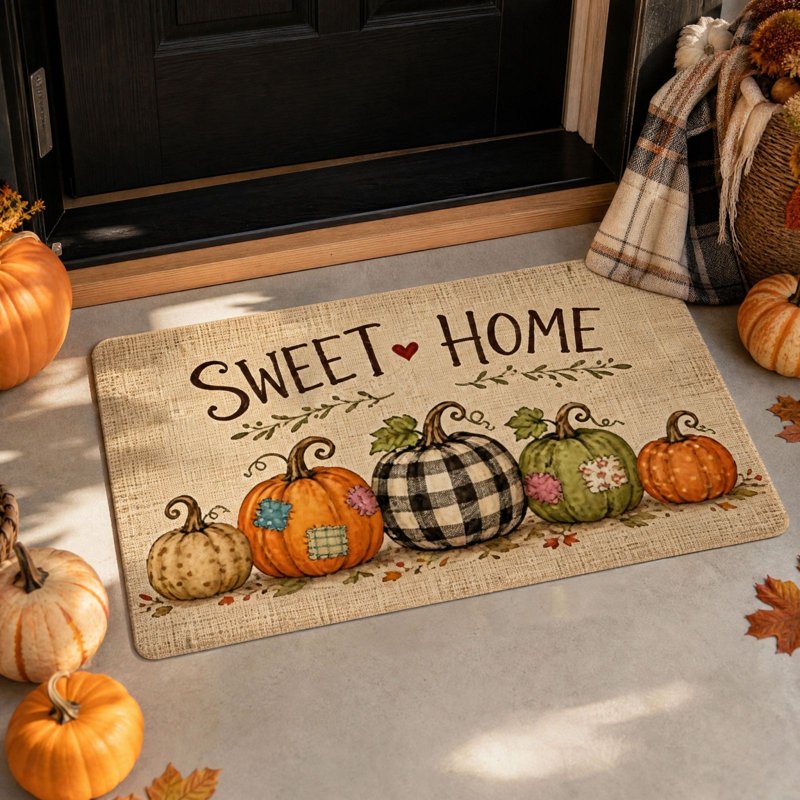 Thanksgiving Non-Slip Pumpkin Doormat with Patchwork Pumpkins - Seasonal Front Door Mat - C-c Variation