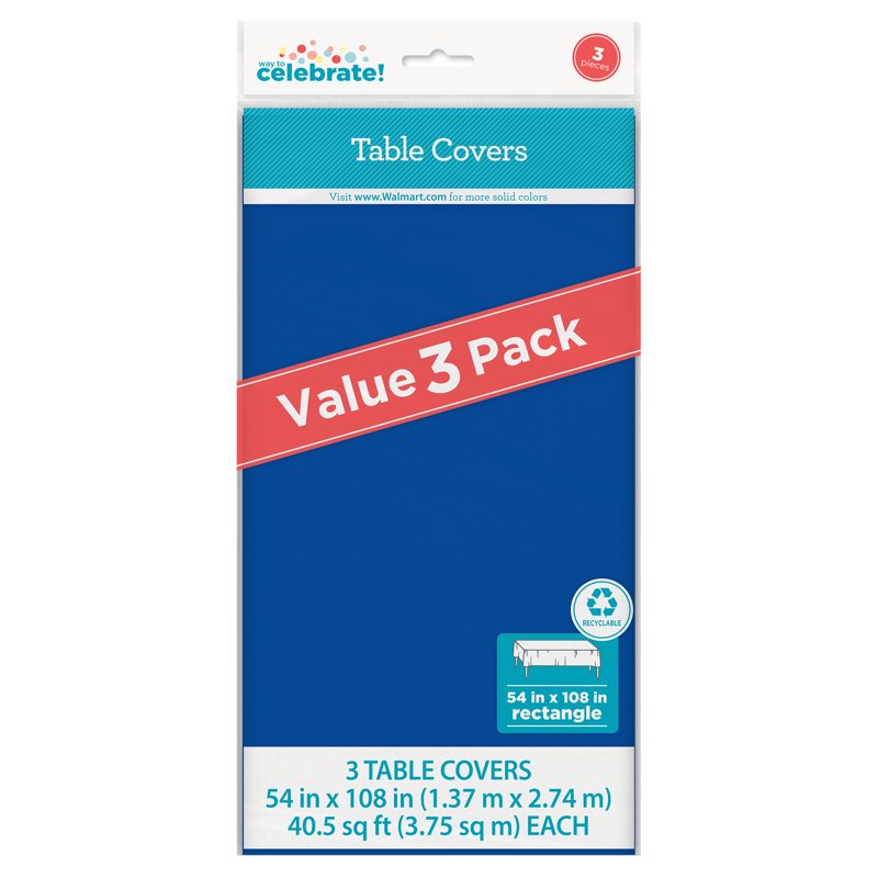 Blue Plastic Table Covers - 3 Pack, 54" x 108" Disposable