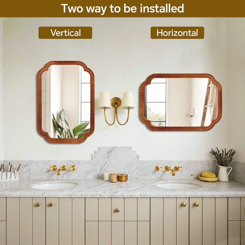 Wall Mirror 20x30 Inches Rounded Corner Solid Wood Frame Yellowish - Decorative Vanity