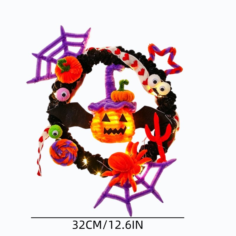 Halloween Wreath with Orange LED Pumpkin & Bats - Gothic Front Door Decor - Variation of Pumpkin & Bats
