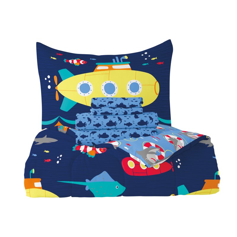 Twin Submarine Comforter Set for Kids - Navy Microfiber Bedding with Sea Animal Prints