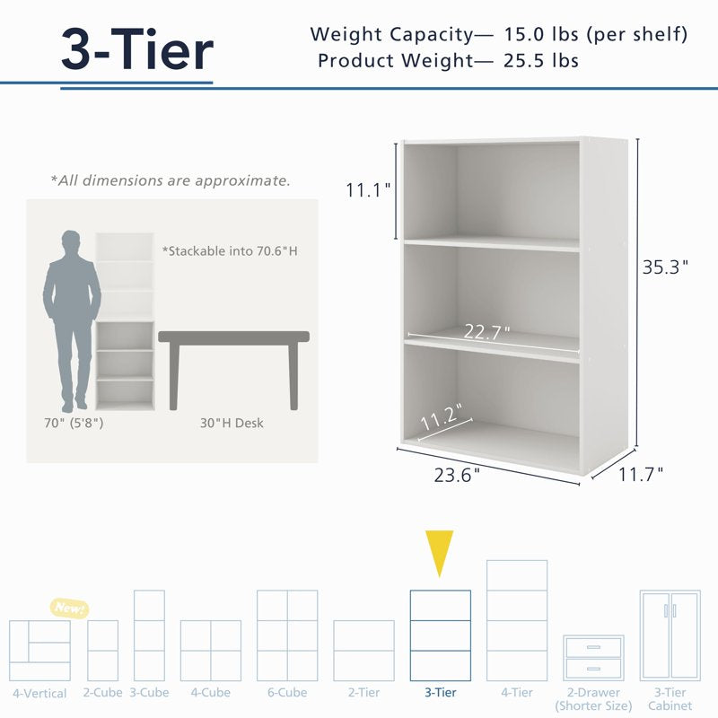 Stackable 3-Shelf Bookcase - Modern Design, Multiple Colors