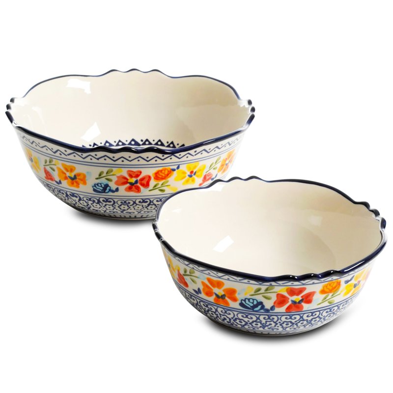 2-Piece Stoneware Bowl Set - Hand-Painted Ceramic, Multicolor