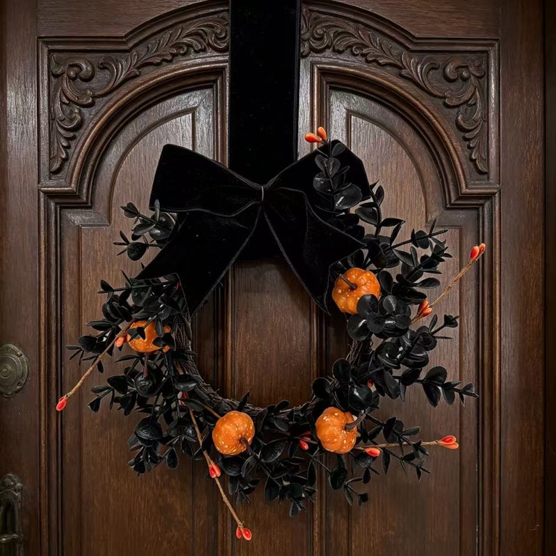 Halloween Wreath Set - 4 Mini 9-Inch Artificial Wreaths with Pumpkins & Velvet Bows