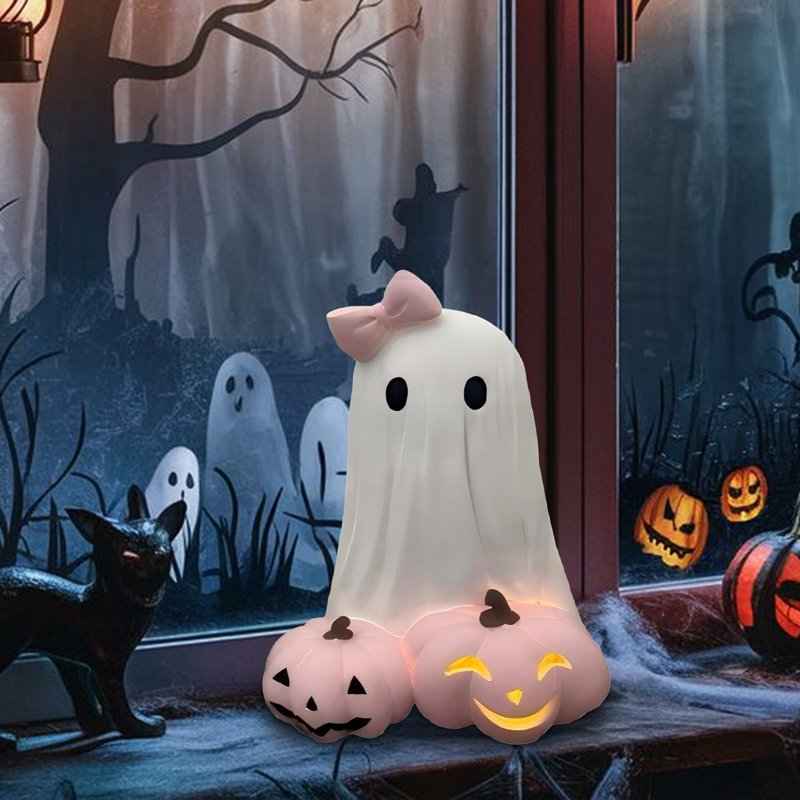 Girls Ghost Night Light Resin Halloween Figurine - White & Pink #361