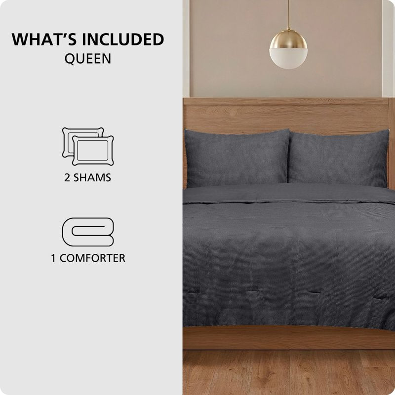 Mainstays 3-Piece Waffle Comforter Set with Matching Shams - Full/Queen Grey Stone