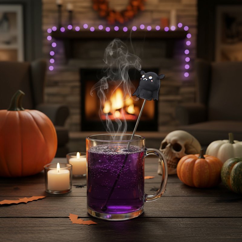 Halloween Black Stainless Steel Cocktail Mixing Spoon with Ghost & Witch Hat Design