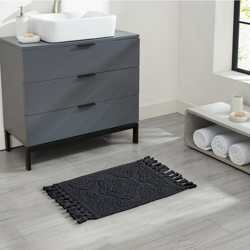 Cotton Fringe Bath Rug - Black, 21 x 34 in. Bohemian Style, Jean Pierre