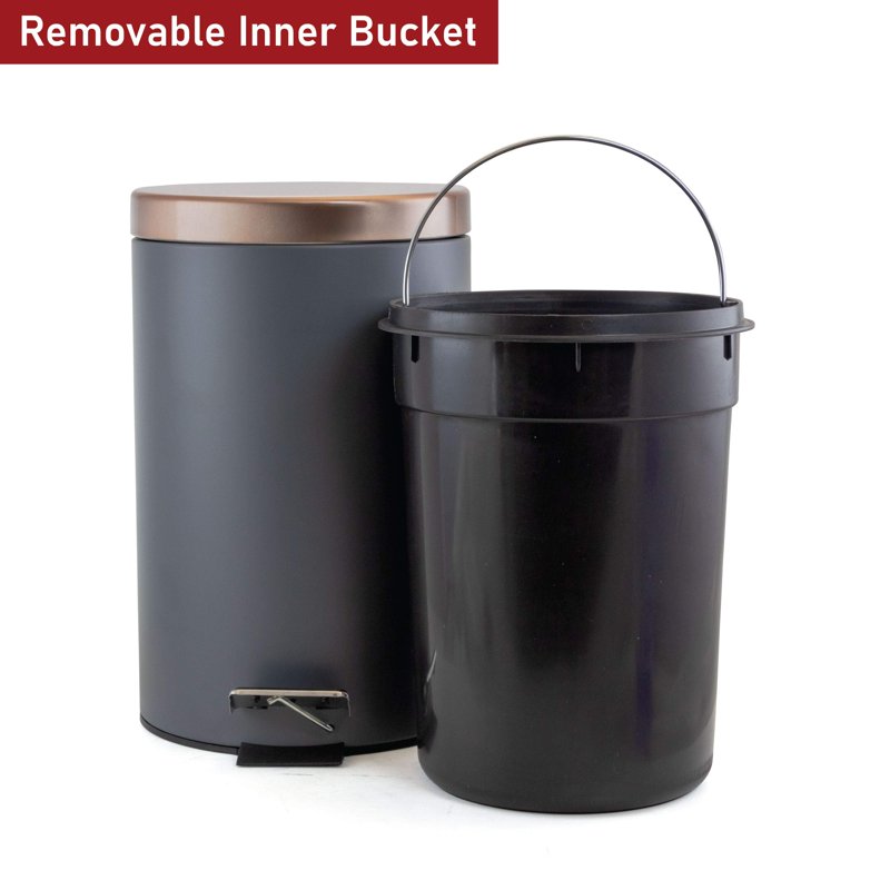 5 Liter Grey and Copper Round Step Trash Can - Compact Design