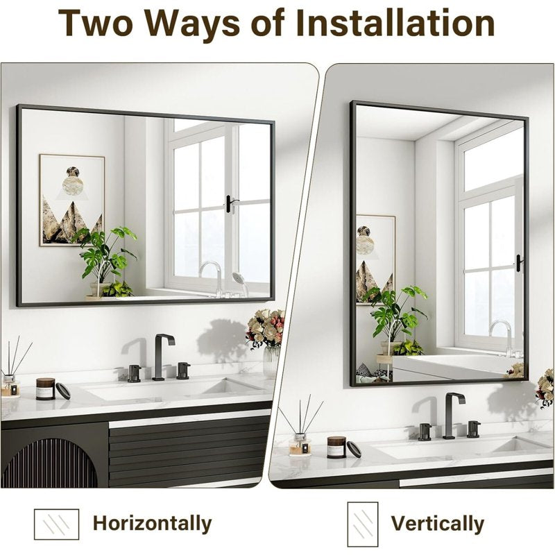 Rectangular Bathroom Mirror 38x26 Black Metal Frame Wall Vanity Mirror