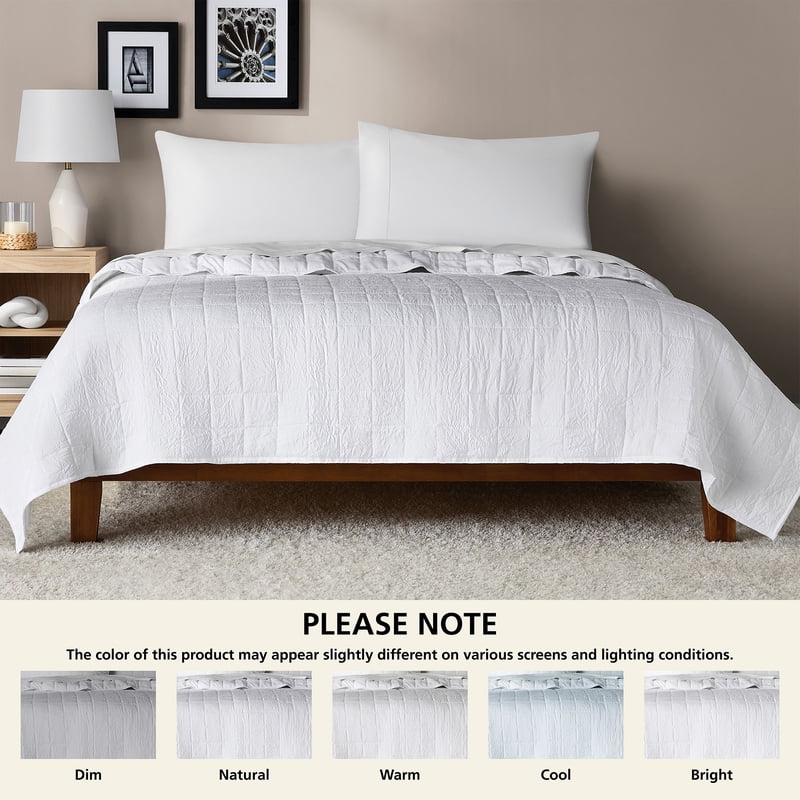 Twin/XL Crinkle Quilt - White Microfiber Bedding, Lightweight & Machine Washable