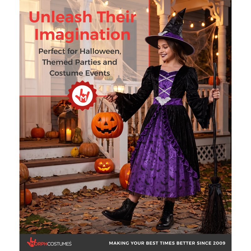 Kids Witch Costume Hat - Morph Deluxe Girls Purple & Black Fancy Dress M