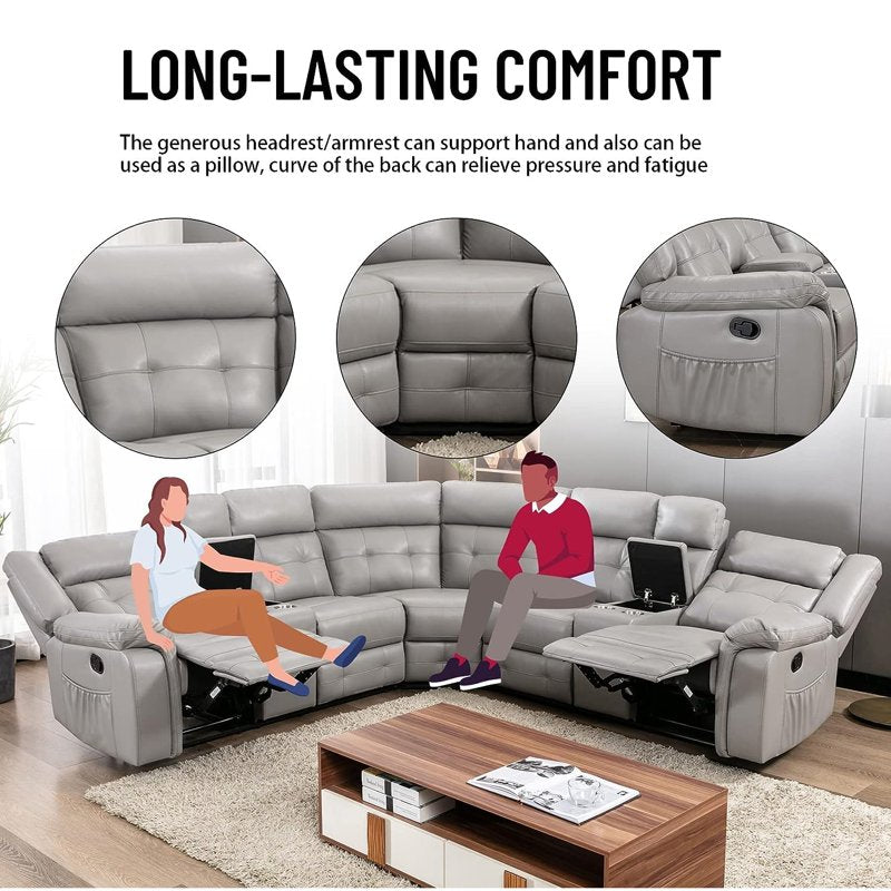 PU Leather Reclining Sectional Sofa Set with 2 Consoles & Storage