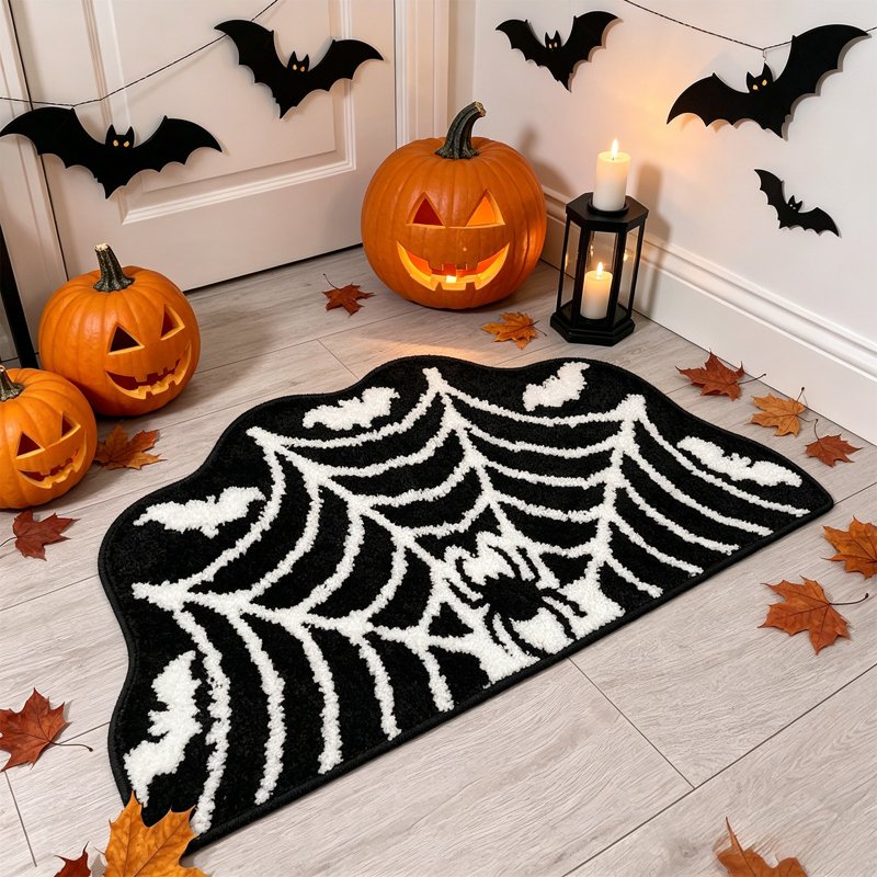 Halloween Spider Web Bath Mat - Black Gothic Bathroom Rug, 15x23 Inches - Variation B