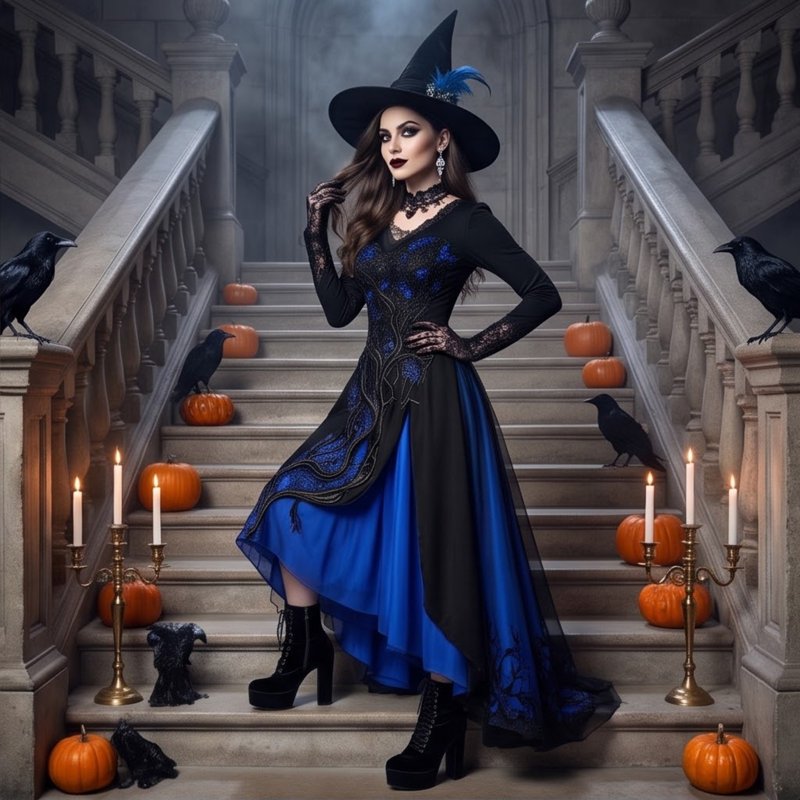Blue Women's Gothic Witch Costume Dress M - Halloween Lace Maxi Gown