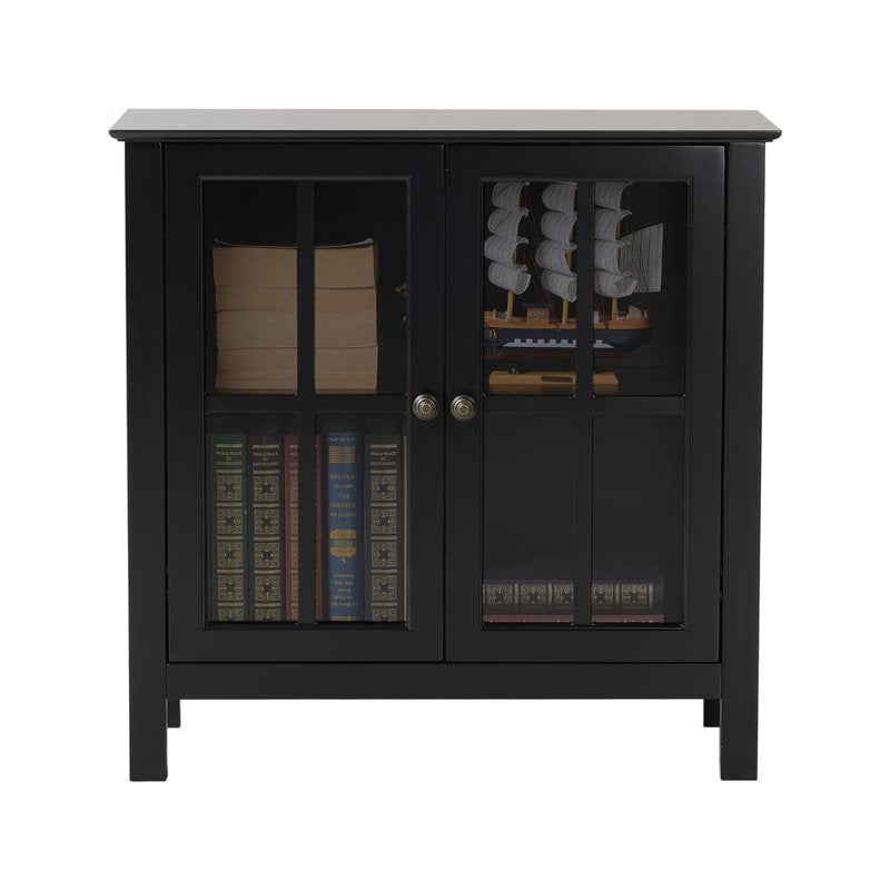 Transitional Black Wood Accent Display Cabinet with Glass Doors