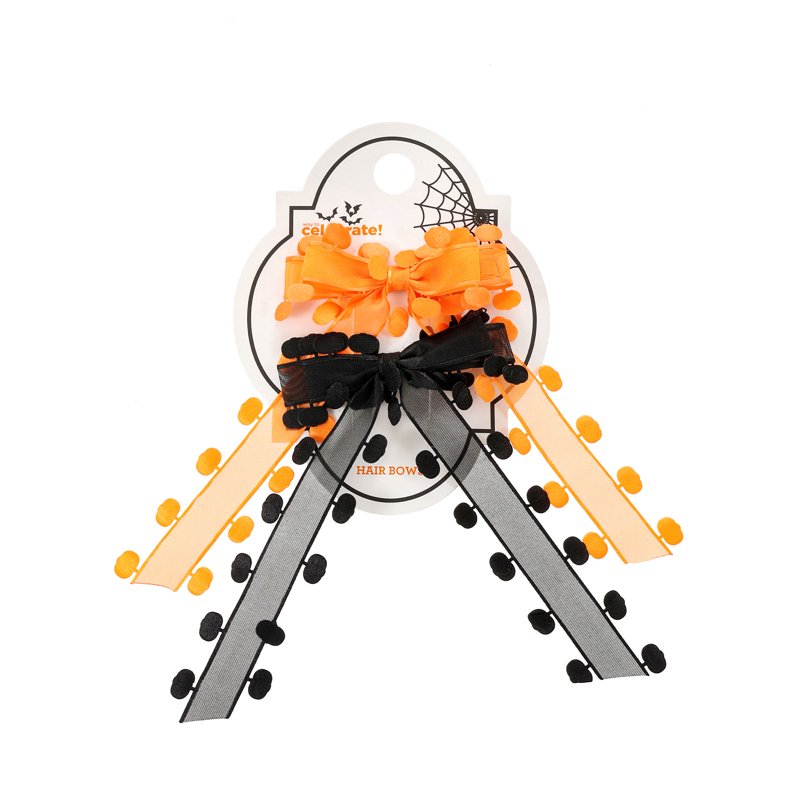 Halloween Women's Pumpkin Ribbon Bow Hair Clips Set - Black & Orange, 2 Pieces