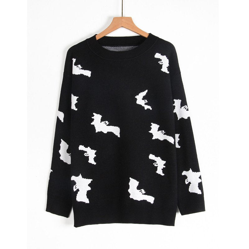 Halloween Bat Pattern Pullover Sweater for Women - Black XL, Casual Knit Top