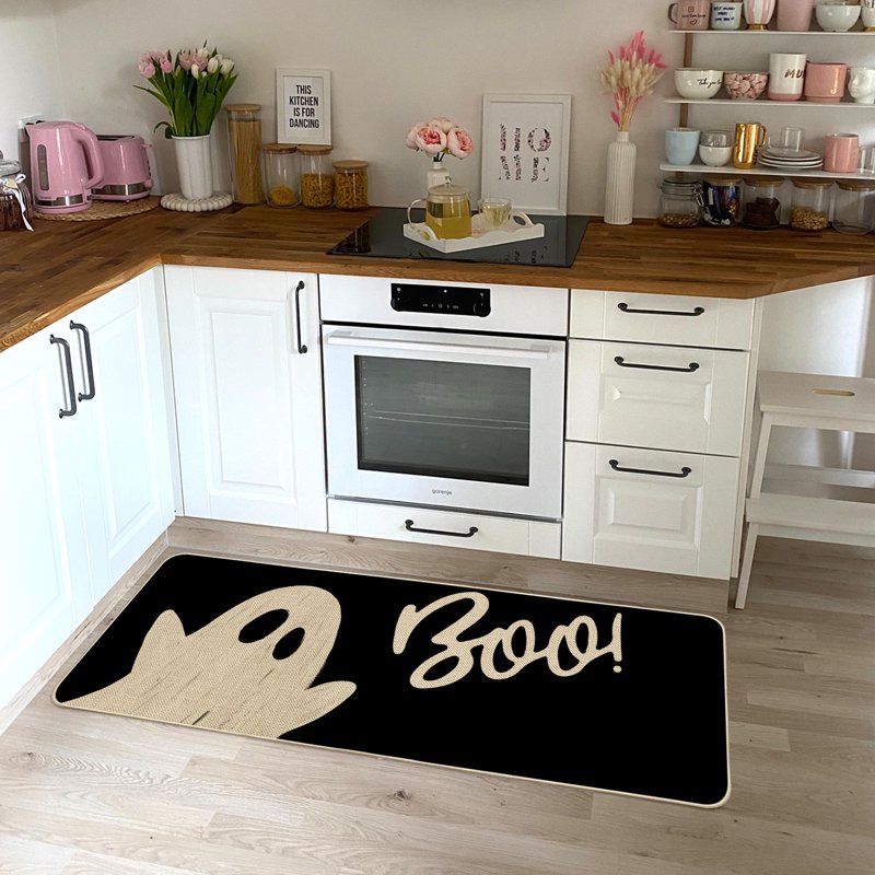 Halloween Doormat 17x47 Inch Black Ghost and Cat Welcome Mat – Polka Dot Design