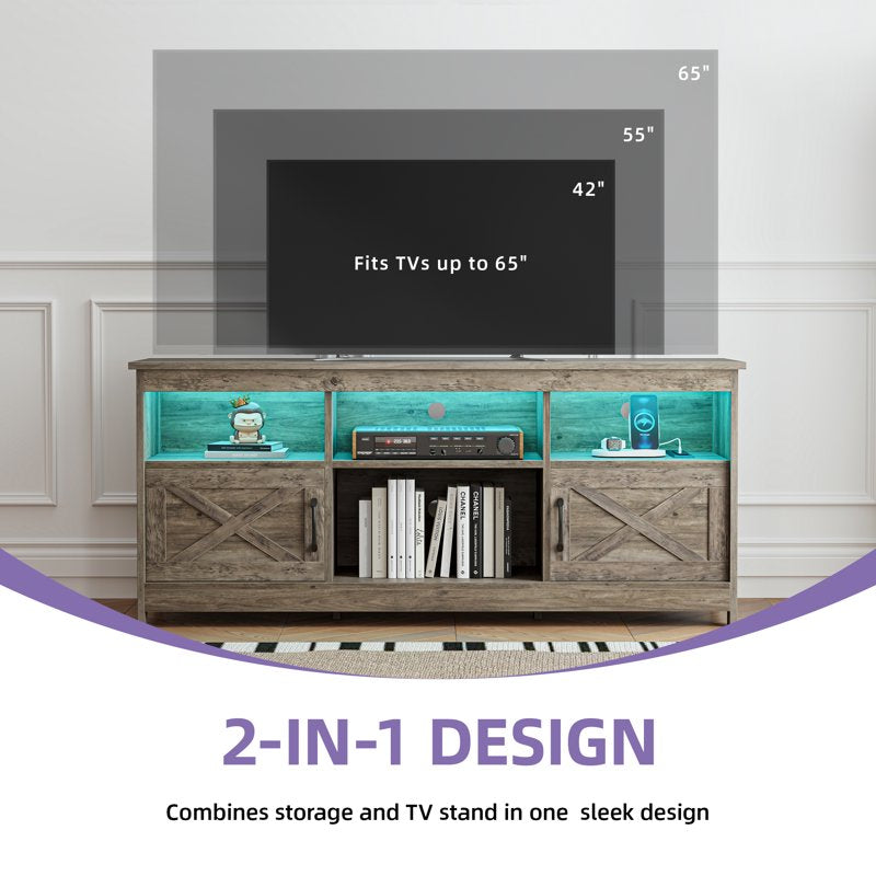 Farmhouse-Inspired TV Stand with LED Lights & Power Outlet - 59 Inch
