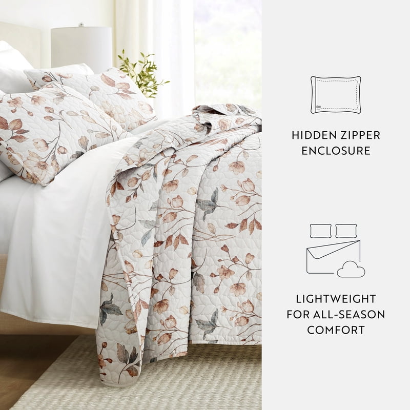 Twin Natural Russet Floral Pattern Quilt Set with Shams - Soft & Durable Bedding