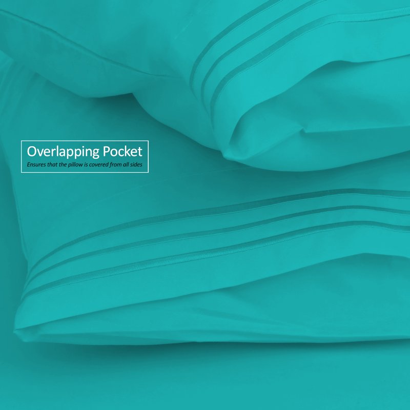 Split King Microfiber Bed Sheet Set - Teal, 3-Line Embroidered, Deep Pocket