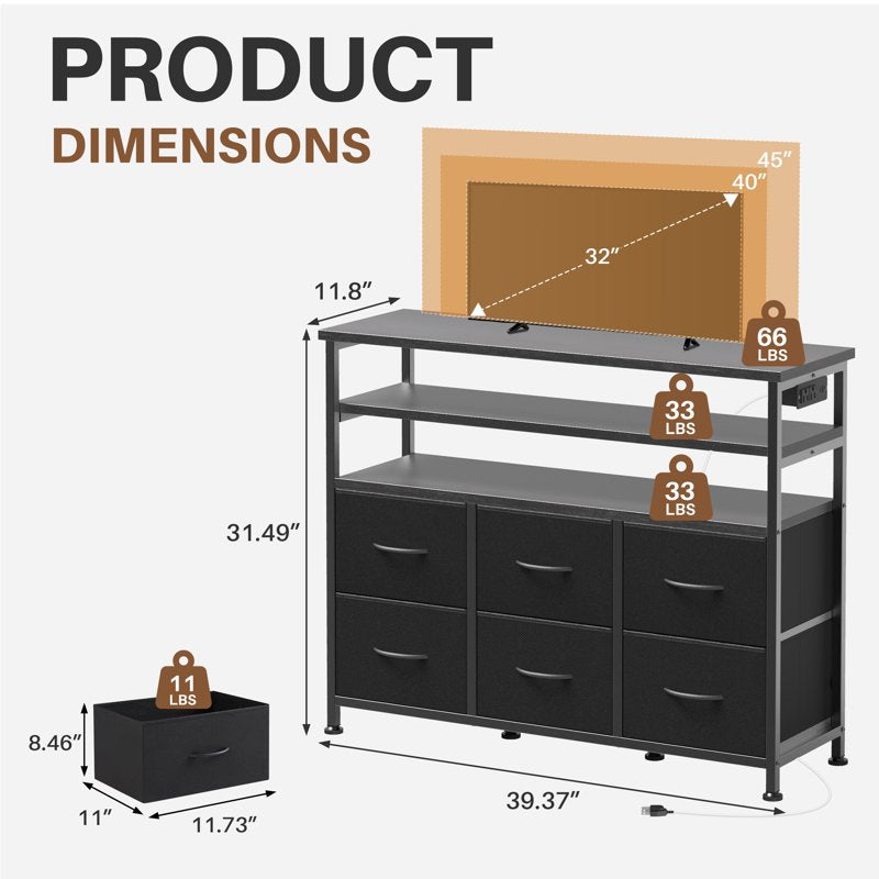 6-Drawer Fabric Dresser with Power Outlets & LED Light - Multiple Colors
