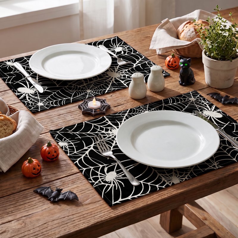 Halloween Spider Web Placemats Set of 4 - 12x18 Inch Indoor Outdoor Table Decor