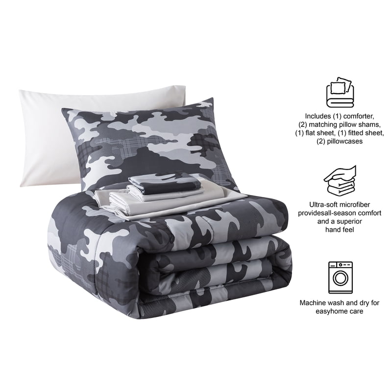 Kids Bed-in-a-Bag Set with Storage Bag - Full Camouflage Bedspread & Sheets - Gray