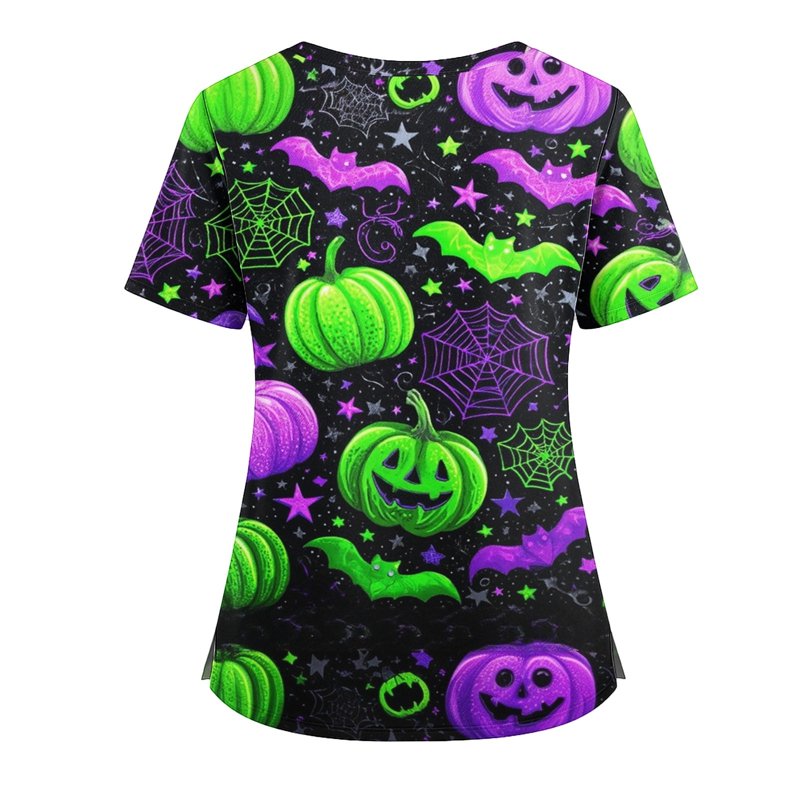 Plus Size Halloween Pumpkin-Head Bat Printed Scrub Top Women Green 10XL