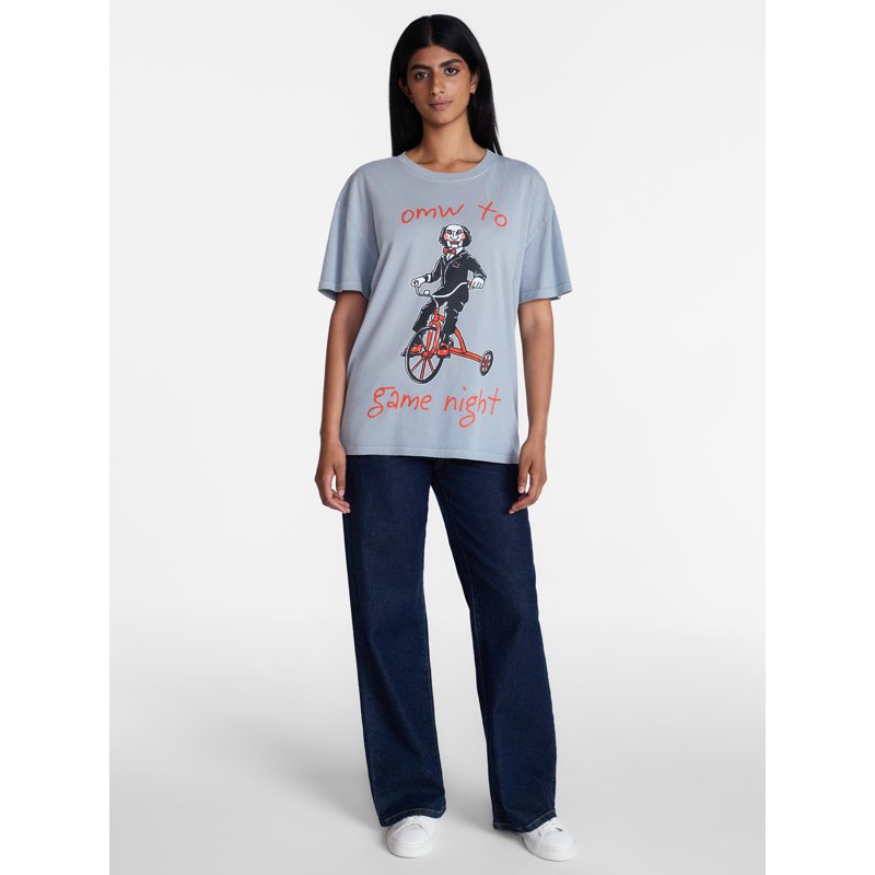 Women’s Saw Game Night Graphic Tee - Halloween Short Sleeve Top, XXL, Light Grey