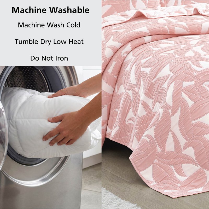 King Blush Pink Iris Leaf Stitched Quilt - Light Blue, 86x90 Inches, Polyester