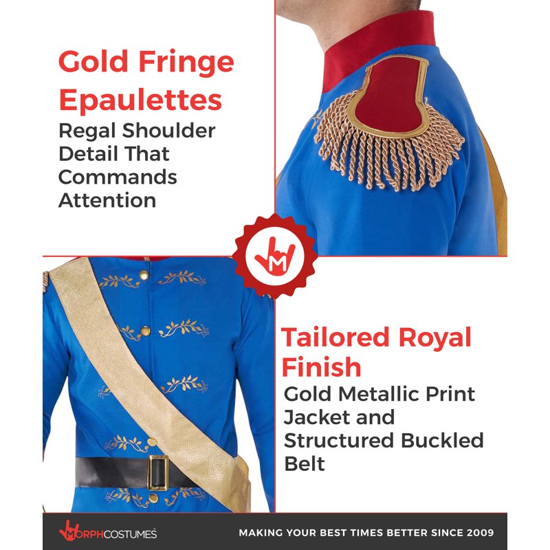 Men's Prince Charming Costume with Jacket, Sash & Belt - Royal Blue & Gold