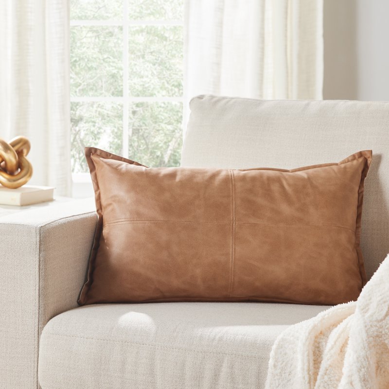 14 x 24 Inch Beige Faux Leather Decorative Pillow - Neutral Home Accent