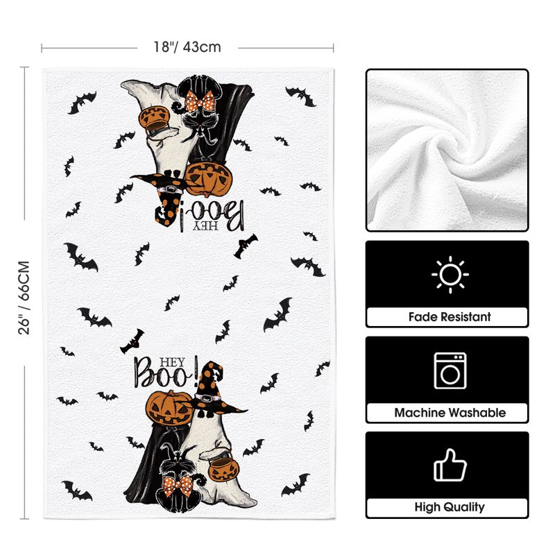 Halloween Kitchen Dish Towels Set - Spooky Pumpkin Ghost Bat Design, 2 pcs 18 x 26 inches - Farmhouse Style