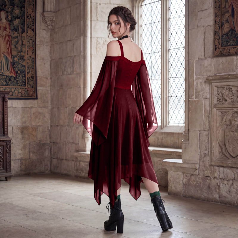 Halloween Witch Costume Women 2026 Bat Sleeve Dress Vampire Gothic Dress - Wine 2XL