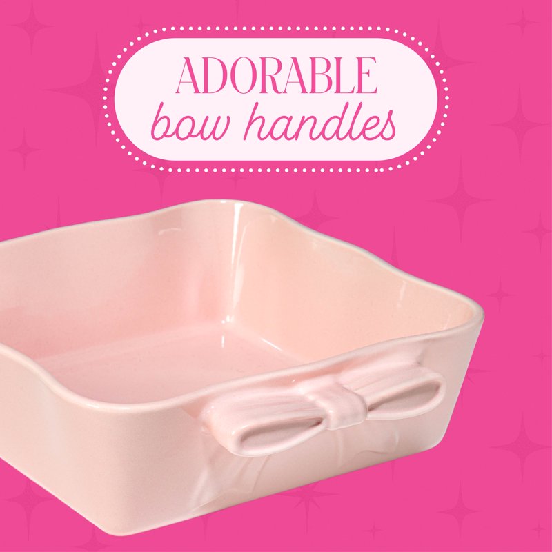 Ceramic Square Baking Dish - 8x8, Oven & Microwave Safe, Pink with Bow Handles