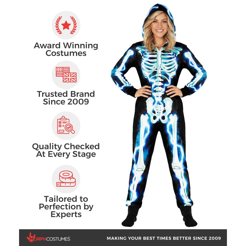 Electric Skeleton Costume Women XXL - Halloween Bodysuit with Blue Print