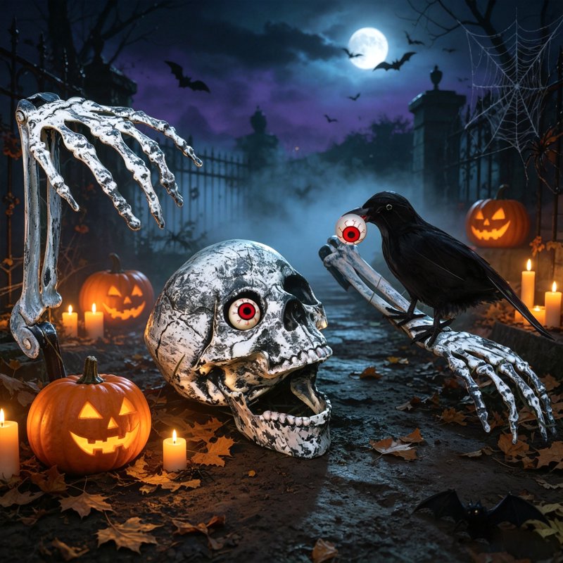 Halloween Skeleton Stakes with Crow and Red Eyes Garden Outdoor Decor