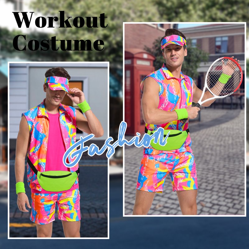L 80s 90s Men Workout Costume Set Cosplay Halloween Party Outfit